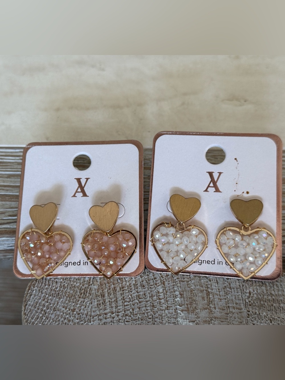 Set of 2 Gold Heart Drop Earrings with Pink and White Beaded Inlay